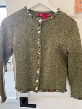 Rare Skyr 100% Wool Olive Green Cardigan Rainbow Embroidered Dot Trim Size S